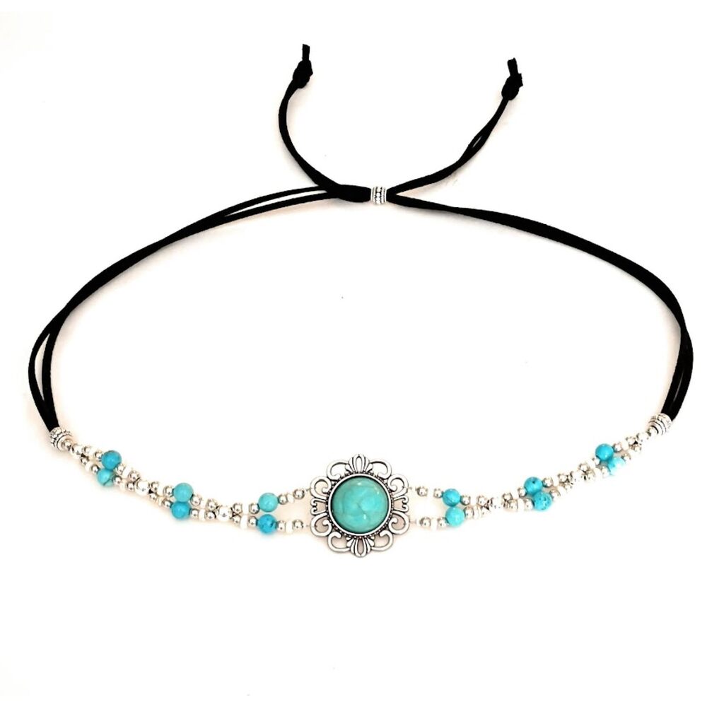 9992 Hat Band Turquoise Gemstone Silver Weave Micro Suede Leather